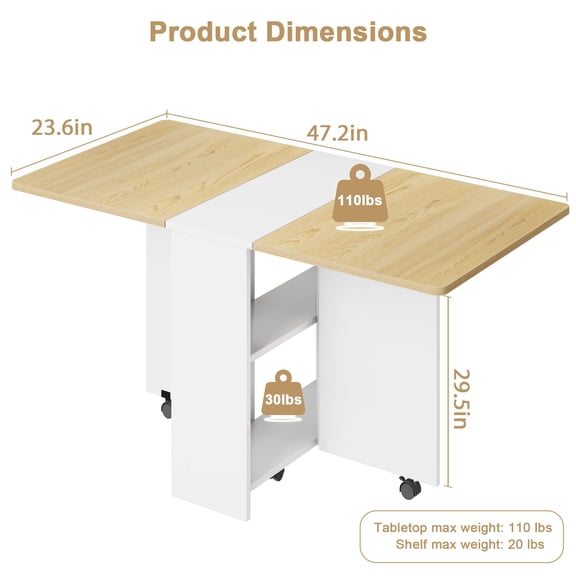 Yeshouse Folding Dining Table, Drop Leaf Dining Table with 6 Wheels and 2-Layer Storage Shelf, Space Saving Dining Table for Small Spaces (Natural Wood, 47.2" D x 23.6" W x 29.5" H)