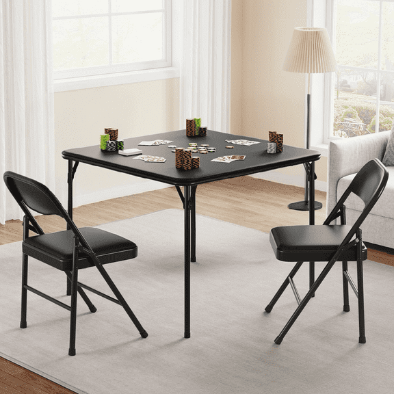 Yeshouse Folding Table and Chair Set of 3, 1 Piece Portable Square Folding Card Table and 2 Piece PU Soft Cushion Chairs, Black