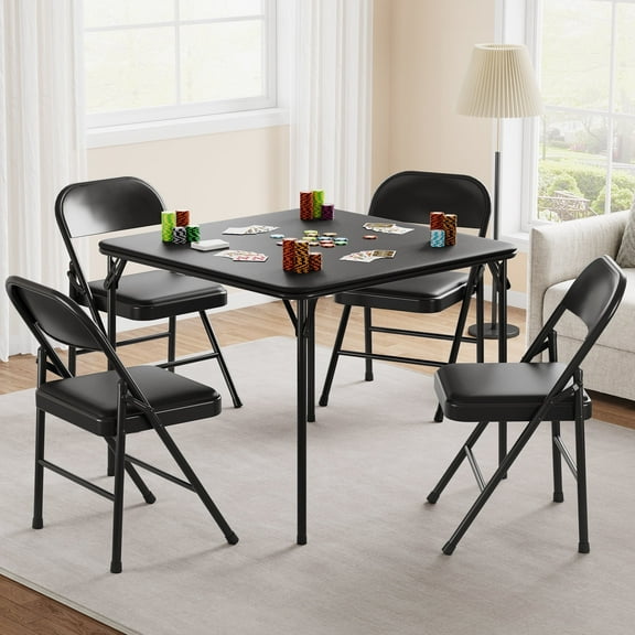 Yeshouse Folding Table and Chair Set of 5, 1 Piece Portable Square Folding Card Table and 4 Piece PU Soft Cushion Chairs, Black