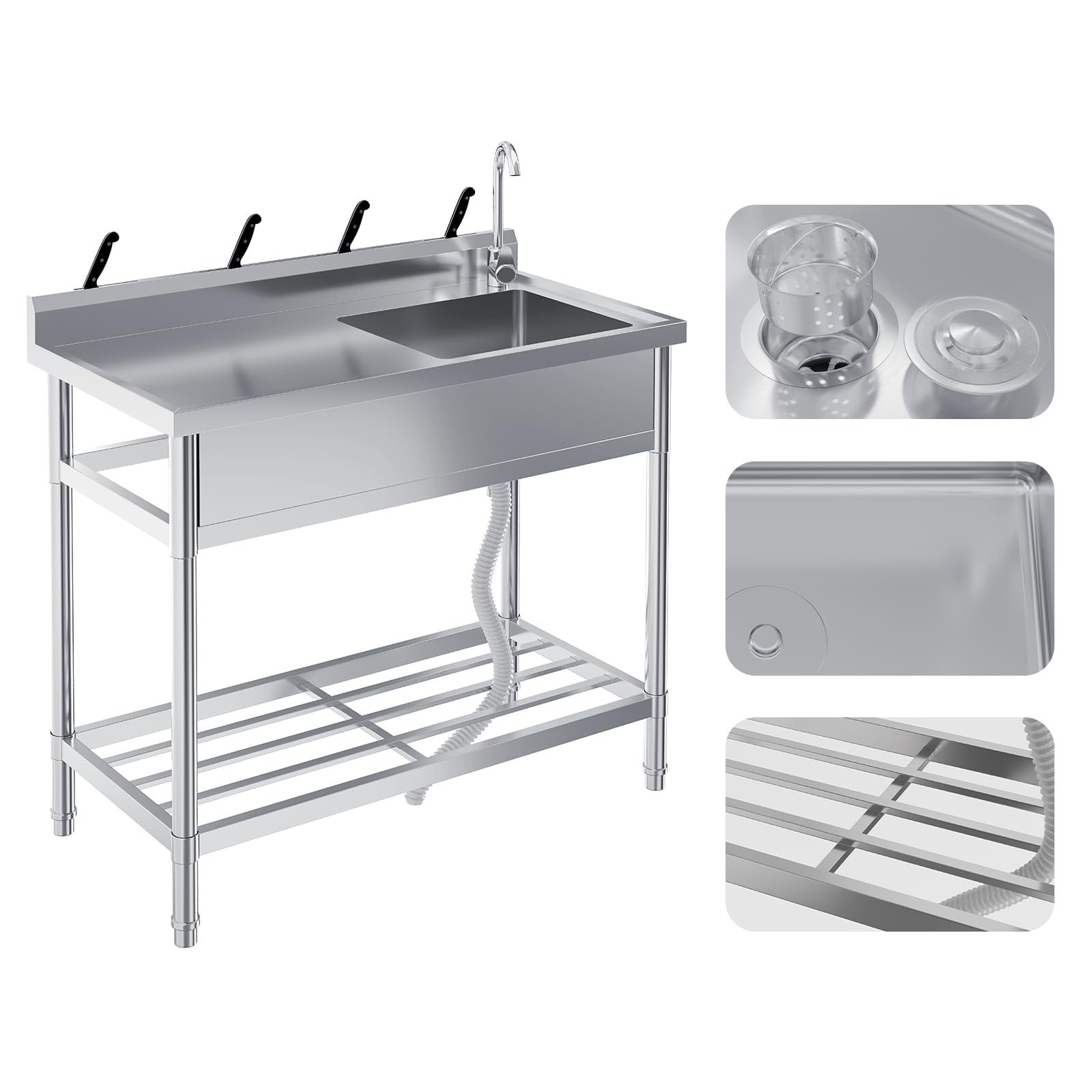 Yeshouse Freestanding Utility Sink, Stainless Steel, Hot/Cold Faucet, Storage Shelf for Kitchen/Garage/Outdoor