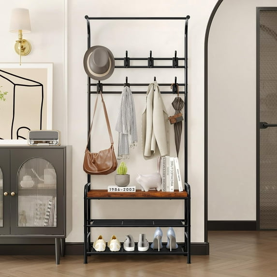 Yeshouse Hall Tree Shoe Bench, 4-in-1 Industrial Entryway Storage Bench with 8 Sturdy Hooks, Freestanding Coat Rack for Small Spaces, Apartments, Retro Brown