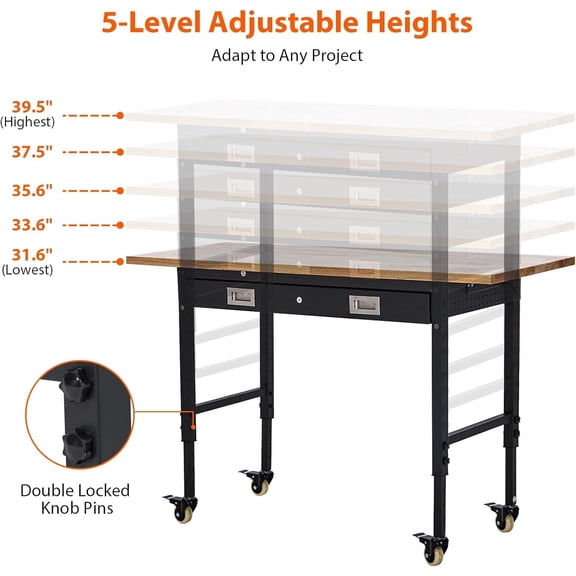 Yeshouse Heavy Duty Garage Workbench, Rubber Wood & Cold Rolled Steel, 60x22x1.2 Inch, Adjustable Height, ETL Certified, 2000lbs Load Capacity, Worktable with Drawer, Power Strip & USB Outlet