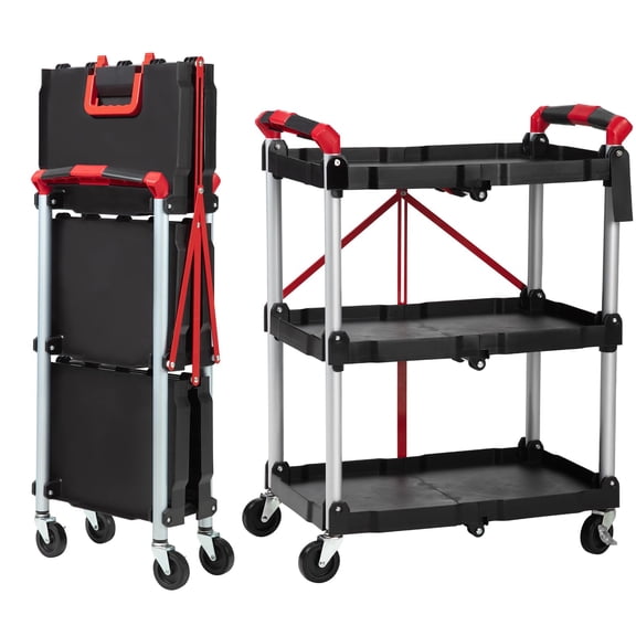 Yeshouse Heavy Duty Rolling Utility Cart, Foldable 3-Tier Storage Trolley, 56 lbs Capacity Per Shelf, Black & Red