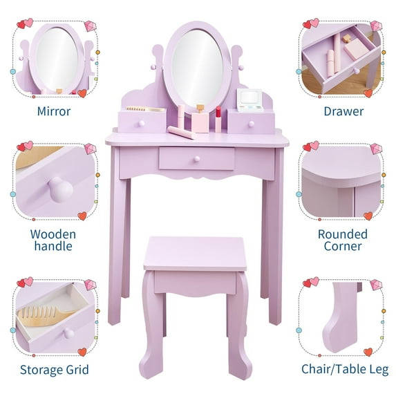 Yeshouse Kids Vanity Set with Mirror & Stool, Wooden Princess Makeup Dressing Table with Drawer and Chair for Girls Ages 4-9, Perfect Pretend Play Vanity for Toddlers