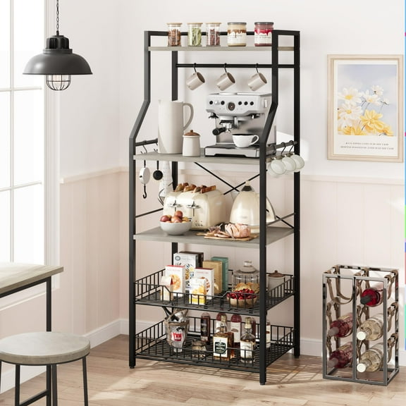 Yeshouse Kitchen Bakers Rack Microwave Oven Stand with 2 Large Wire Basket Industrial Coffee Bar Station