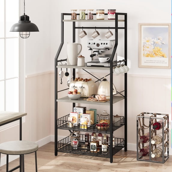 Yeshouse Kitchen Bakers Rack Microwave Oven Stand with 2 Large Wire Basket Industrial Coffee Bar Station