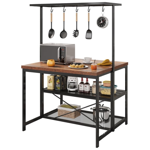 Yeshouse Kitchen Island Table, Bakers Rack w/ Shelves & Hooks, 42"x28"x72"