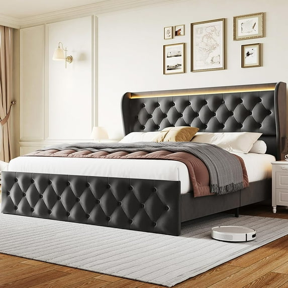 Yeshouse LED Platform Bed Frame - Velvet Upholstered King Bed with Charging Station & RGB Lighting