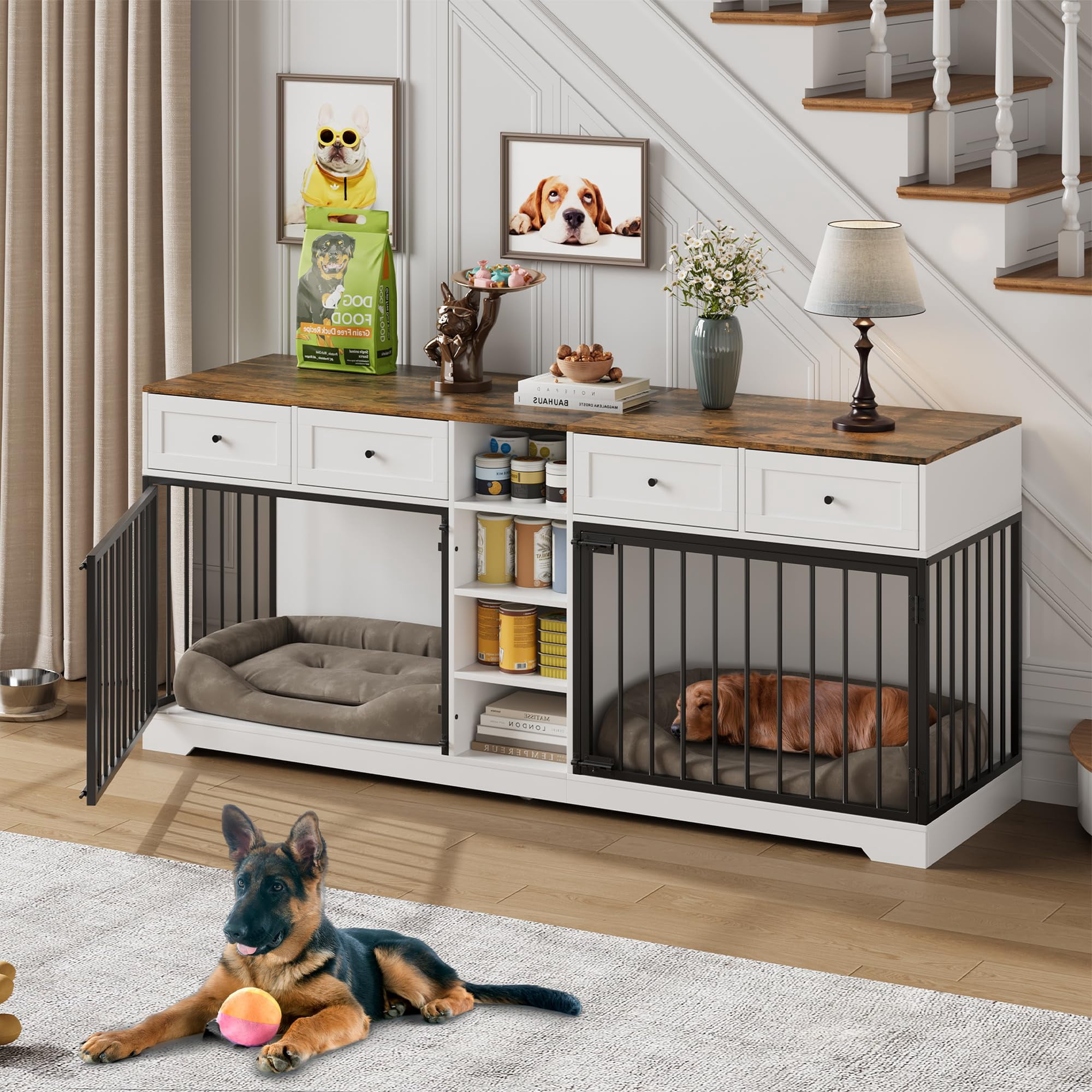 Yeshouse Large 82” Dog Crate for 2, Dog Kennel Furniture with Storage Drawers & Shelves, TV Console for Living Room