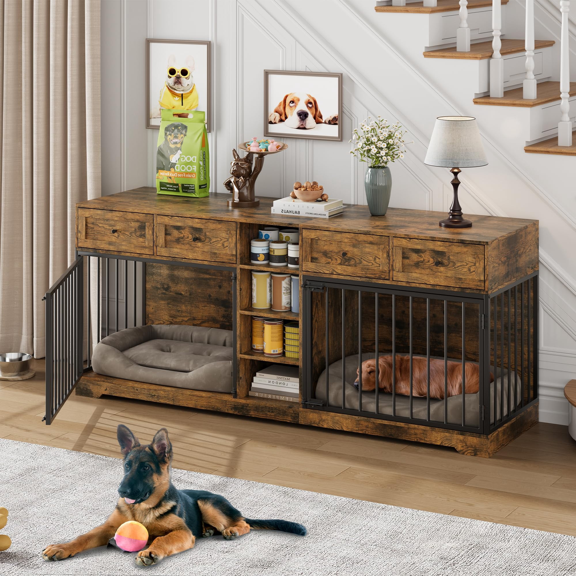 Yeshouse Large 82” Dog Crate for 2, Dog Kennel Furniture with Storage Drawers & Shelves, TV Console for Living Room