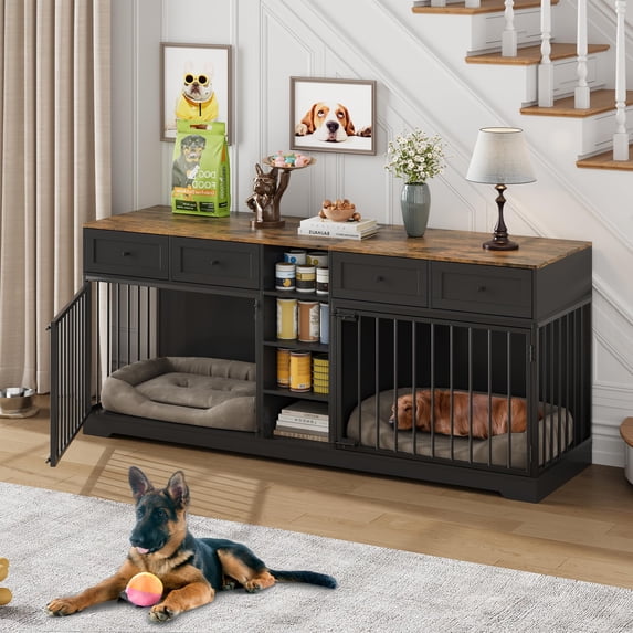 Yeshouse Large 82” Dog Crate for 2, Dog Kennel Furniture with Storage Drawers & Shelves, TV Console for Living Room