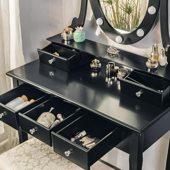 Yeshouse Makeup Vanity Set with Mirror and Stool - Wood Dressing Table with Oval Mirror and Lights, 3 Colors Lighting Modes, Vanity Table with 5 Drawers