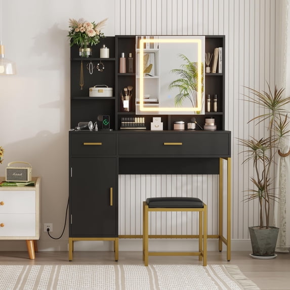 Yeshouse Makeup Vanity Table with LED Mirror, Charging Outlet, Storage Drawers, Shelves, Cabinets & Padded Stool