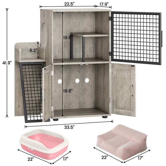 Yeshouse Modern Villa Litter Box Enclosure with Platform-33.5" L x 17.9" W x 41.9" H, Double Layer Hidden Furniture, Indoor Washroom, Cat House with Ladder, Grey