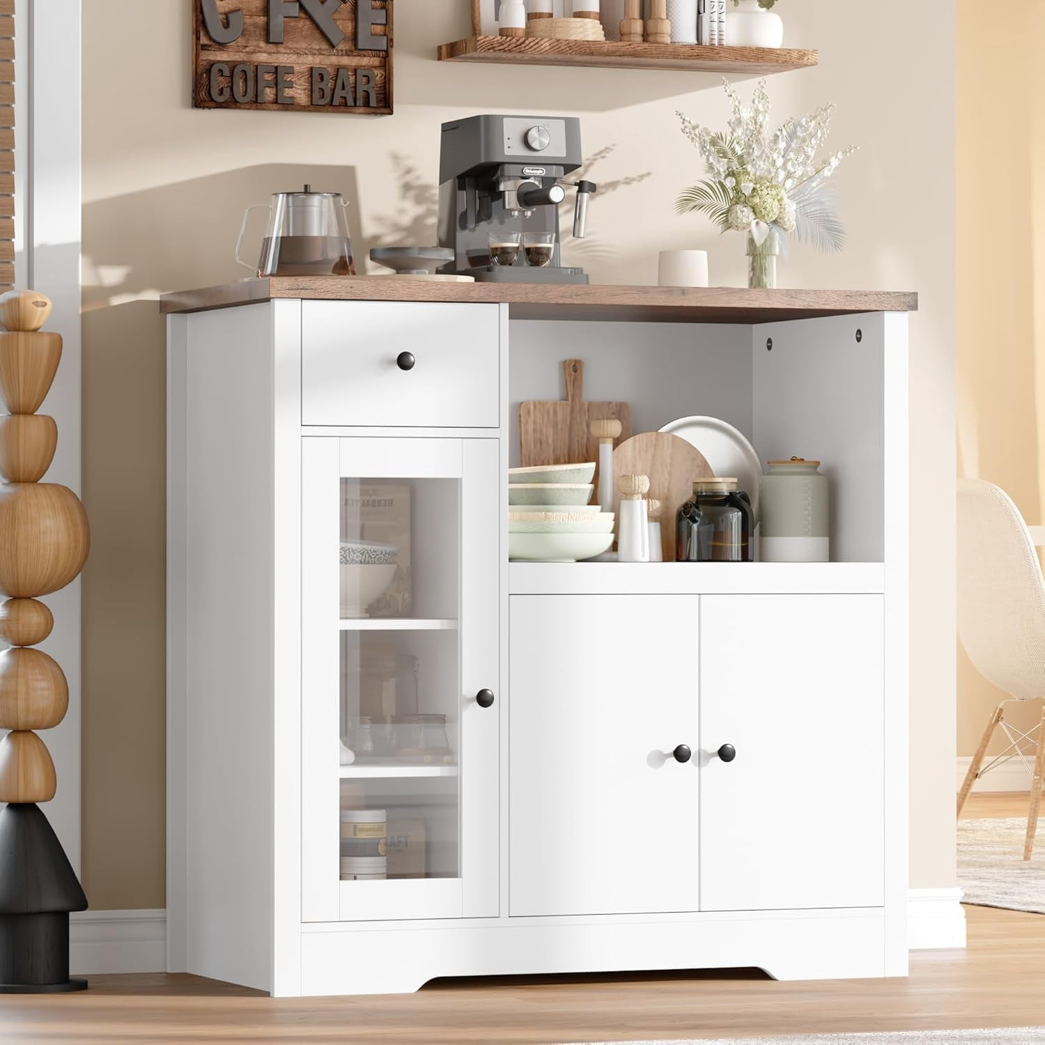 Yeshouse Pantry Storage Cabinet, Multipurpose Kitchen Sideboard with Drawer, 3 Doors & Adjustable Shelving