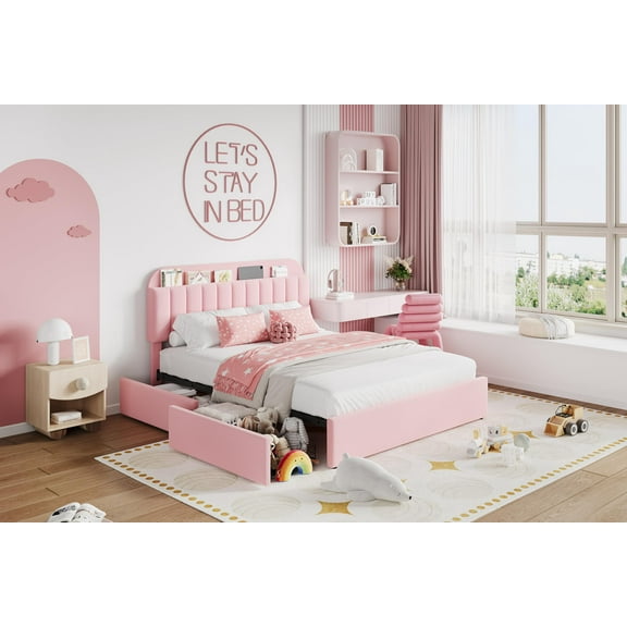 Yeshouse Pink Boucle Full Platform Bed, Storage Headboard with Bookcase & Drawers, No Box Spring Needed, Teen Girl's Bedroom