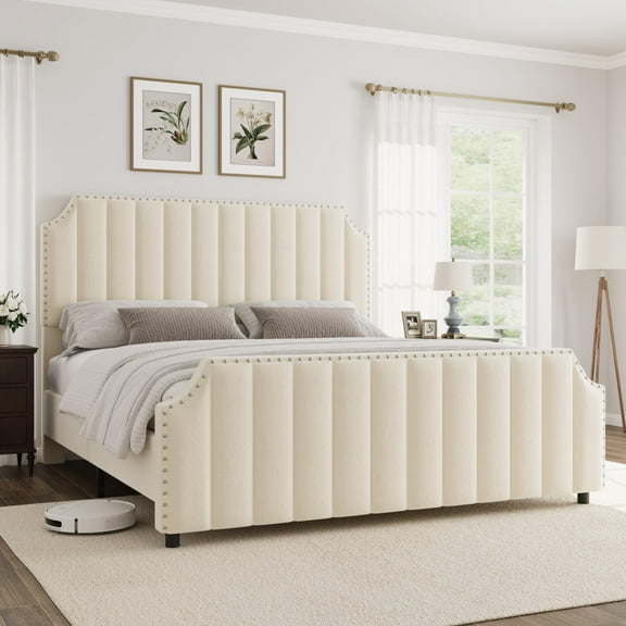 Yeshouse Platform Bed with 50.2" Velvet Channel Tufted Headboard, Nailhead Trim, No Box Spring Needed, Modern Queen Bed