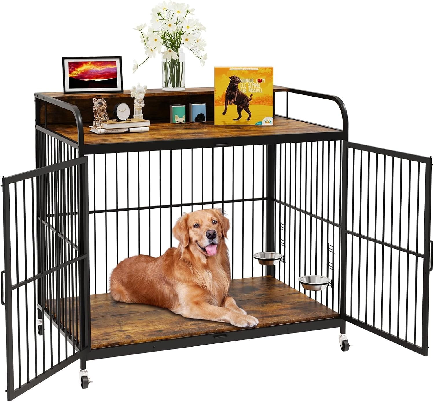 Yeshouse Portable Dog Crate Furniture - Movable Wooden Dog Kennel with Adjustable Feeder and Side Table Function