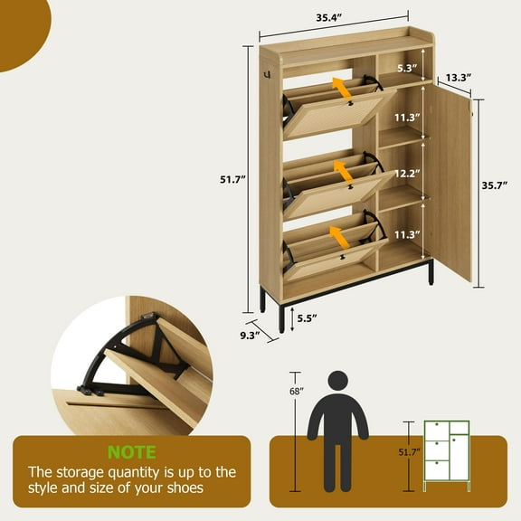 Yeshouse Shoe Cabinet Rattan with 3 Flip Drawers and 4-Tier Shoe Storage Cabinet, Freestanding Shoe Organizer with Adjustable Shelves for Entryway, Closet, Hallway