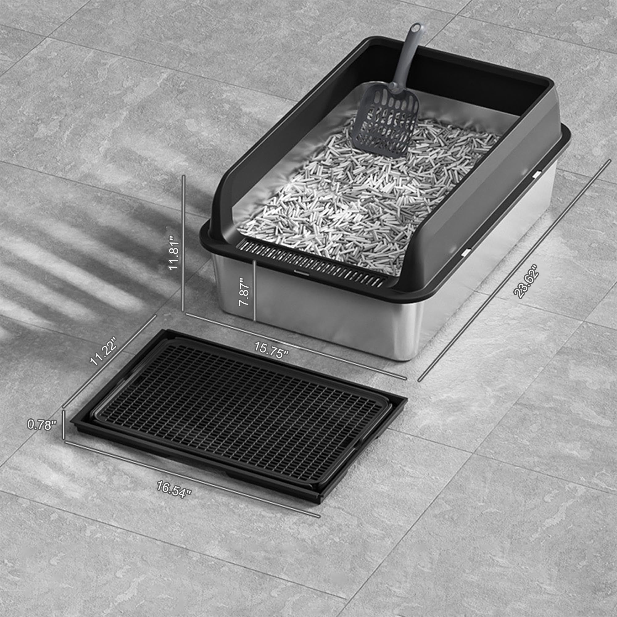 Yeshouse Stainless Steel Litter Box with Lid, Large Litter Box with Sifter Scoop and Double Layer Litter Mat, 8'' Deep Metal Cat Litter Box Non-Sticky and Easy to Clean