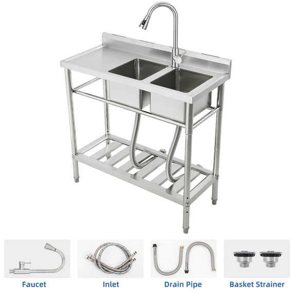 Yeshouse Stainless Steel Utility Sink with Pull-Down Faucet - Free Standing Double Bowl Commercial Sink for Kitchen, Restaurant, Garage, NSF Certified