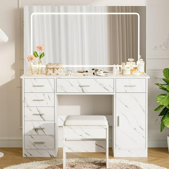 Yeshouse Vanity Desk with LED Mirror, Charging Station, 7 Drawers & Stool