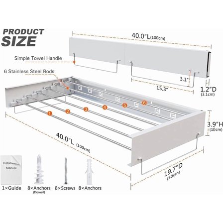 Yeshouse Wall Mounted Drying Rack, Foldable Laundry Drying Rack 6 Aluminum Rods 40" Wide, Retractable Pull Out Drying Rack with Wall Template Space Saving for Bathroom Laundry