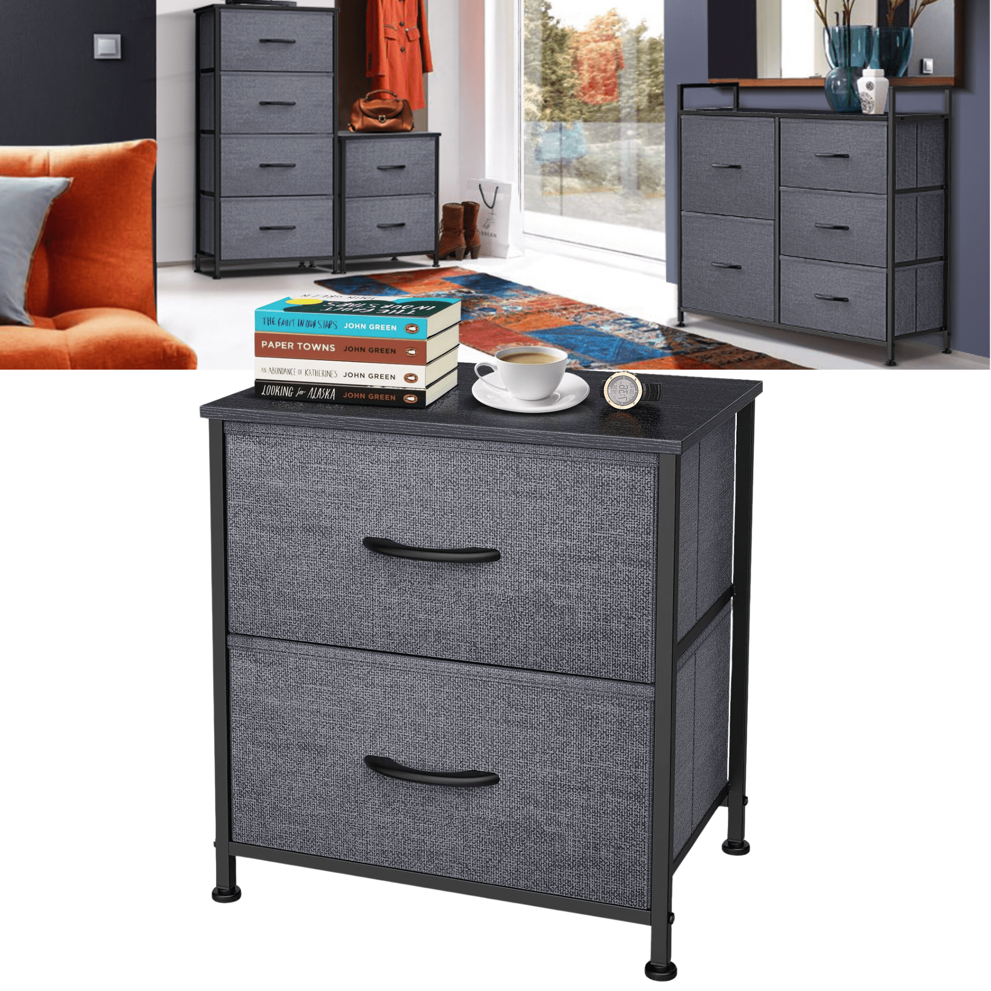 Yesker Dresser for Bedroom Storage Tower with 2 Drawers Fabric Bins Sturdy Metal Frame Wood Top Small Organizer Unit for Guest Room, Closet, Living Room, Hallway, Home Furniture, Office, Dark Gray