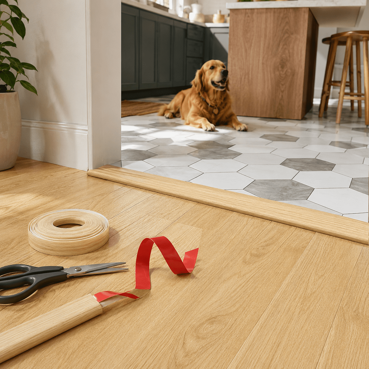 Yeslife 1 pc Self Adhesive Floor Transition Strip, 10 ft x 1.57 in, Aspen Yellow Vinyl, Flexible Waterproof Gap Cover for Laminate, Tile and Carpet Flooring
