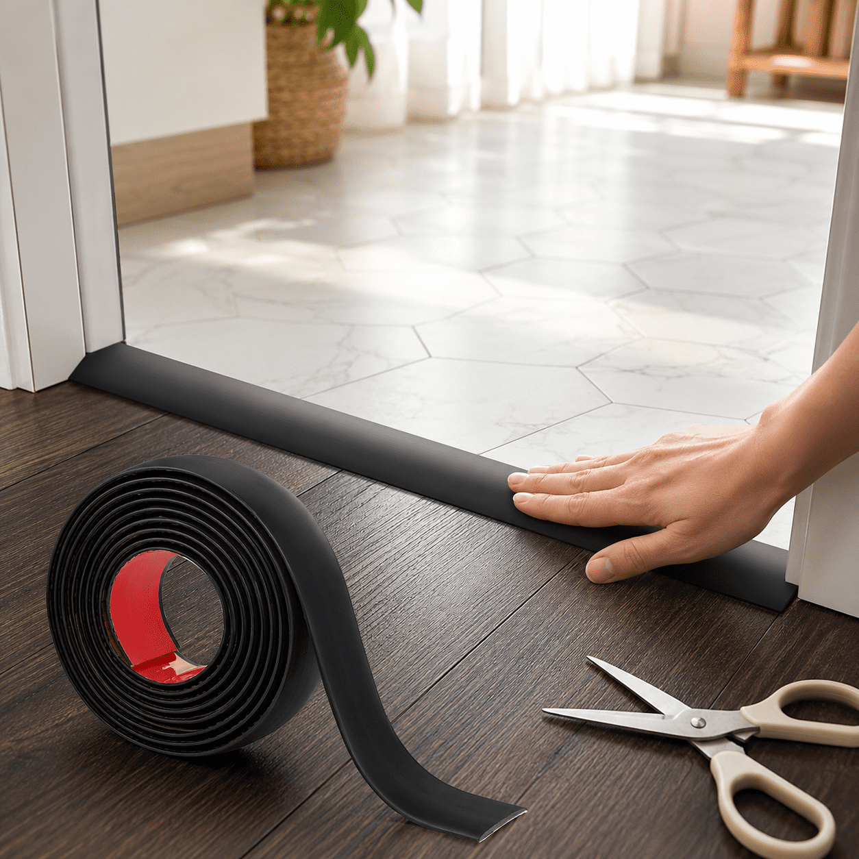 Yeslife 1 pc Self Adhesive Floor Transition Strip, 10 ft x 1.57 in, Black Vinyl, Flexible Waterproof Gap Cover for Laminate, Tile and Carpet Flooring