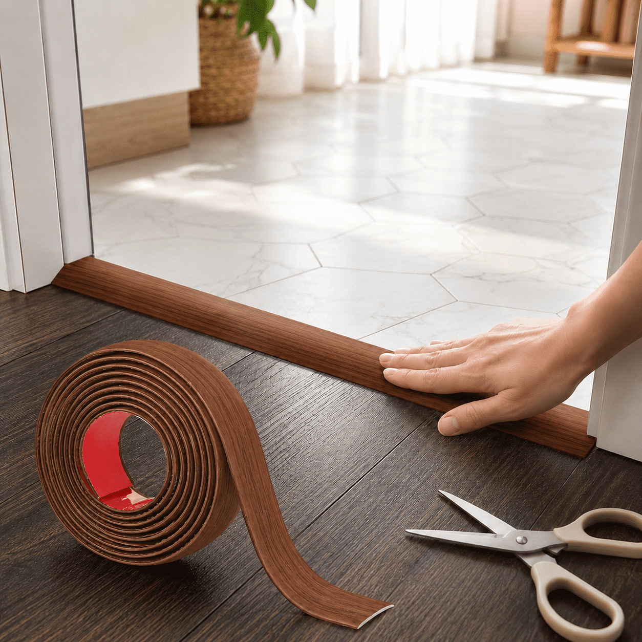 Yeslife 1 pc Self Adhesive Floor Transition Strip, 10 ft x 1.57 in, Cherry Vinyl, Flexible Waterproof Gap Cover for Laminate, Tile and Carpet Flooring