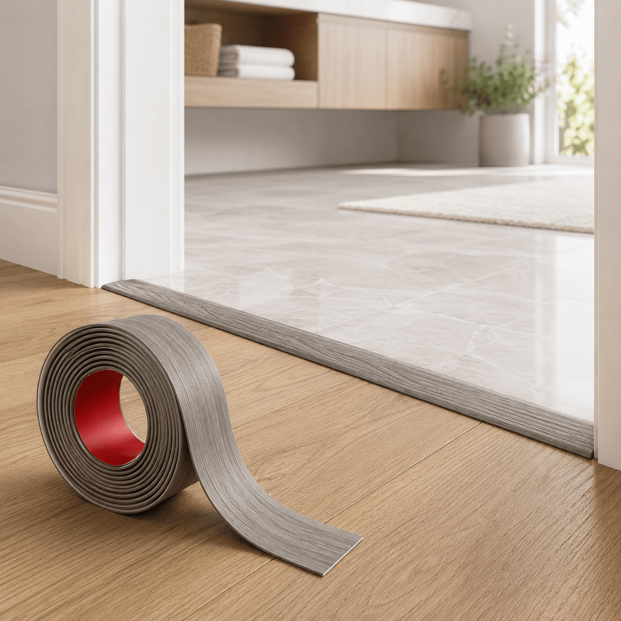 Yeslife 1 pc Self Adhesive Floor Transition Strip, 10 ft x 1.57 in, Gray Vinyl, Flexible Waterproof Gap Cover for Laminate, Tile and Carpet Flooring