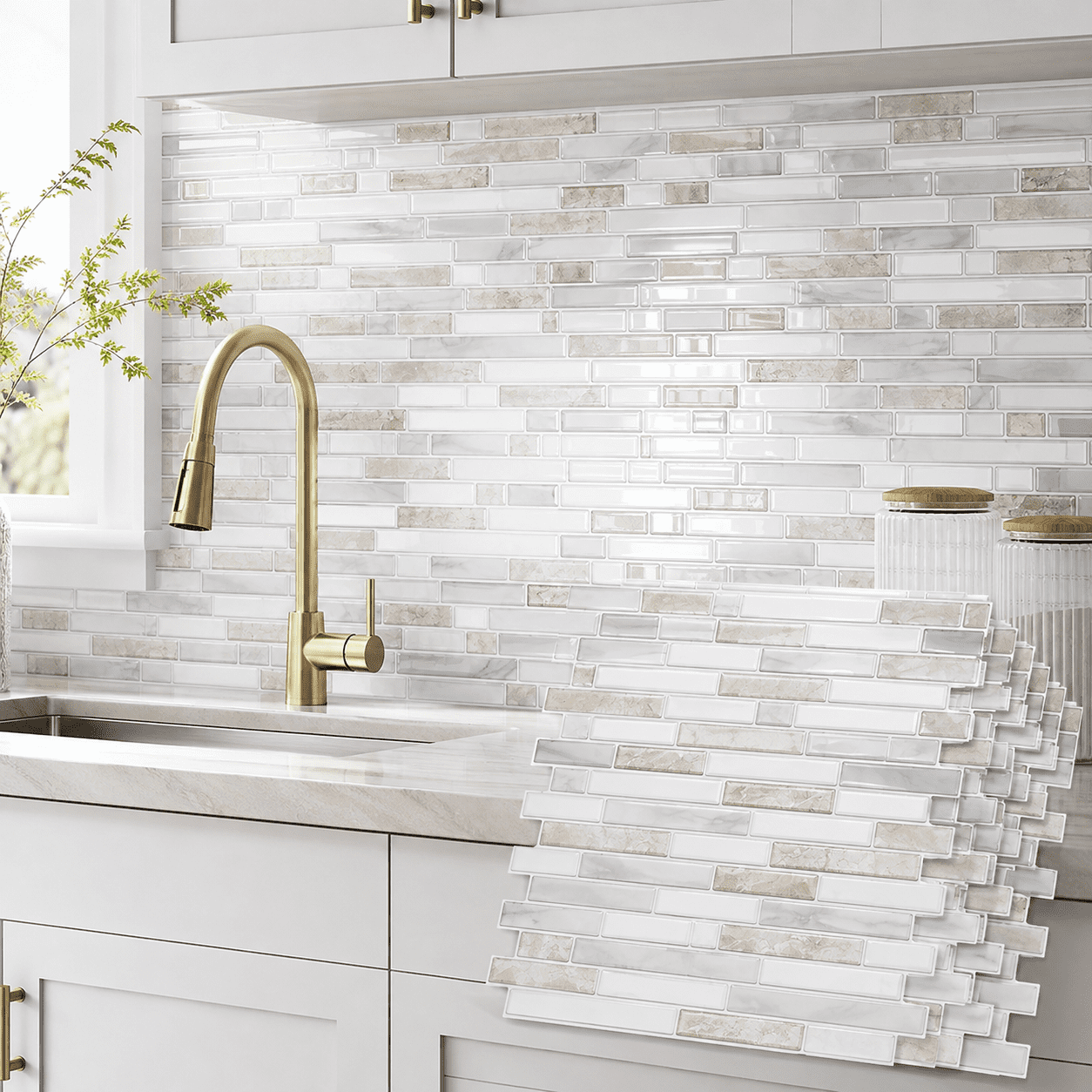 Yeslife 10-Pack Peel and Stick Backsplash Tile, 12" x 12" Beige & White Linear Mosaic Wall Tiles, Self Adhesive Waterproof Stick on Tiles for Kitchen and Bathroom, 10 Sq Ft