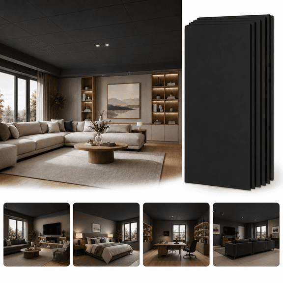 Yeslife 10-pack Smooth Drop Ceiling Panels, 2ft x 4ft black premium pvc, fire-rated waterproof reusable, anti-sag anti-break design, covers 80 sq ft for basement home office indoor decor