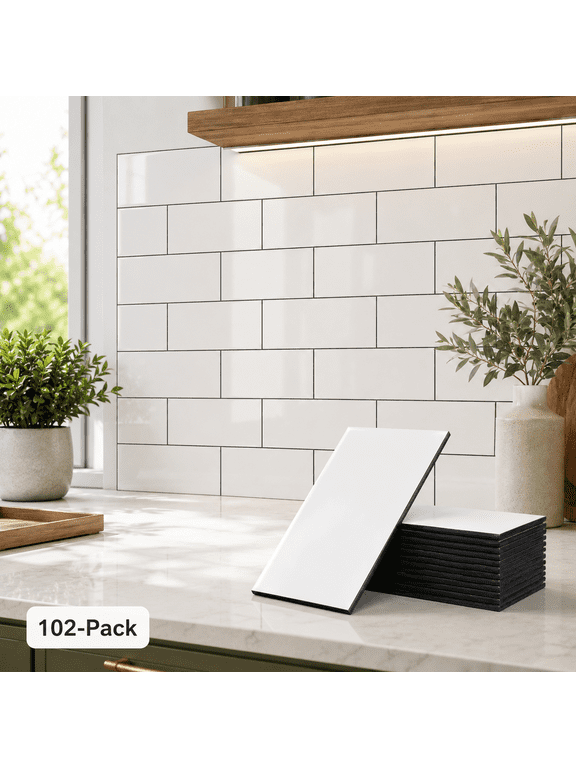102-Pack Peel and Stick Backsplash Tile, 3" x 6" Glossy White PVC Waterproof Subway Wall Tiles for Kitchen & Bathroom, 12.75 Sq Ft