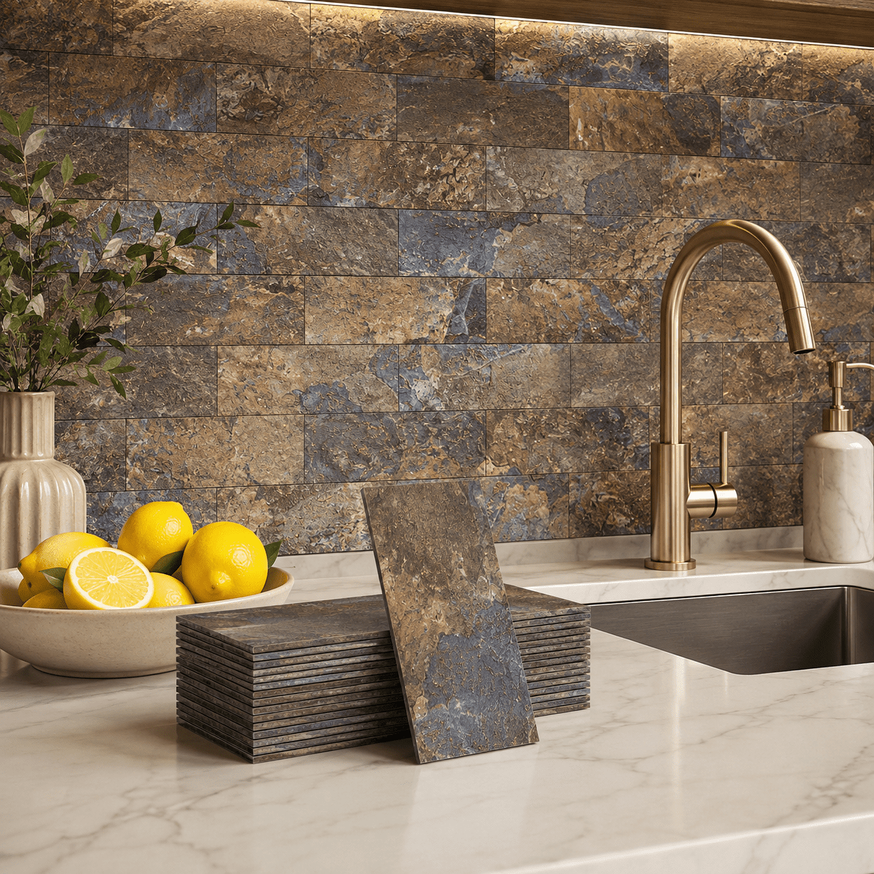 Yeslife 102-Pack Peel and Stick Backsplash Tile, 3" x 6" Rust Slate PVC Waterproof Subway Wall Tiles for Kitchen & Bathroom, 12.75 Sq Ft