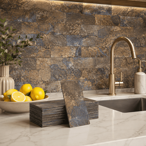Yeslife 102-Pack Peel and Stick Backsplash Tile, 3" x 6" Rust Slate PVC Waterproof Subway Wall Tiles for Kitchen & Bathroom, 12.75 Sq Ft