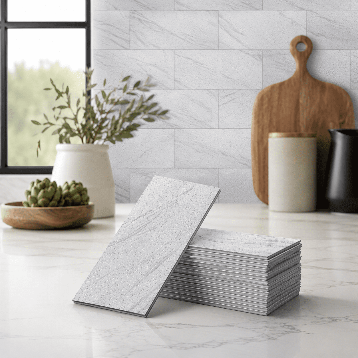 Yeslife 102-Pack Peel and Stick Backsplash Tile, 3" x 6" White Granite PVC Waterproof Subway Wall Tiles for Kitchen & Bathroom, 12.75 Sq Ft