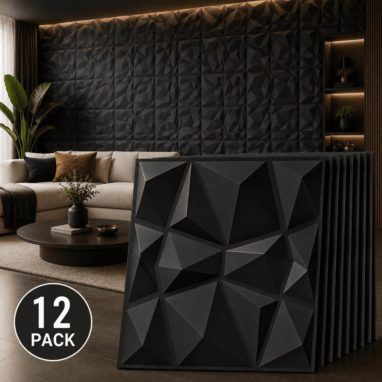 Yeslife 12-Pack 19.69"x19.69" Black PVC 3D Embossed Wall Panels, Geometric Accent Wall Covering for Living Room Office TV Wall, 32.2 Sq Ft