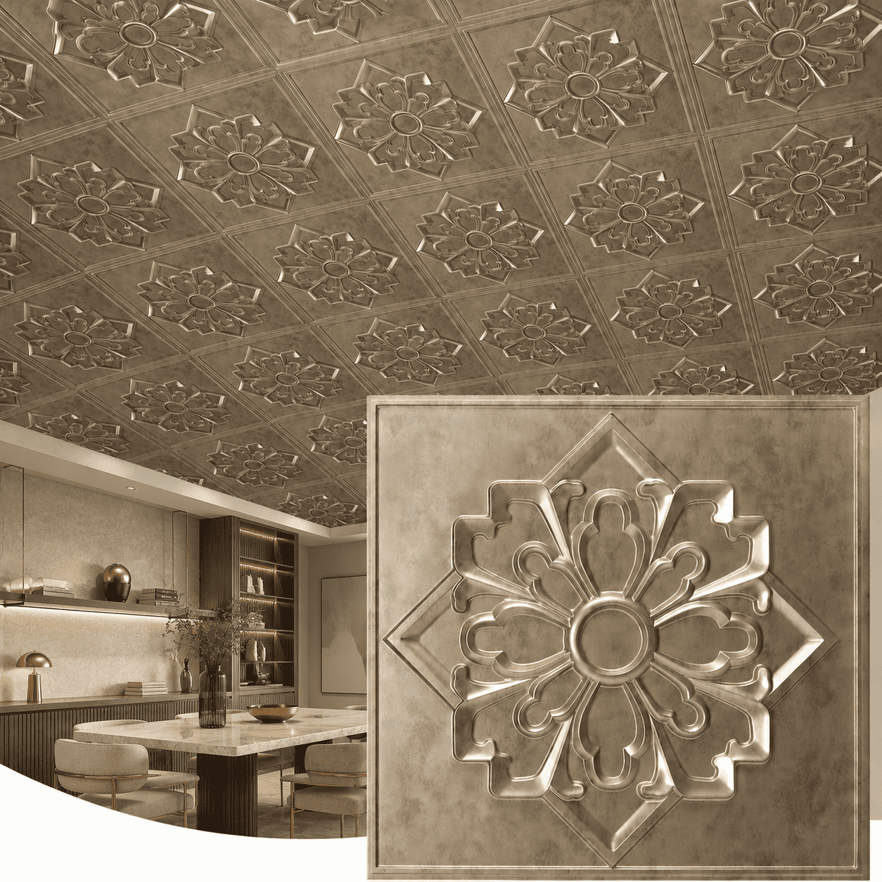 Yeslife 12-Pack 23.8" x 23.8" PVC Drop Ceiling Tiles, Antique Gold Vintage 3D Embossed Panels, Waterproof Glue-Up Ceiling Tiles for Walls, Ceilings, Home and Office, 48 Sq.Ft