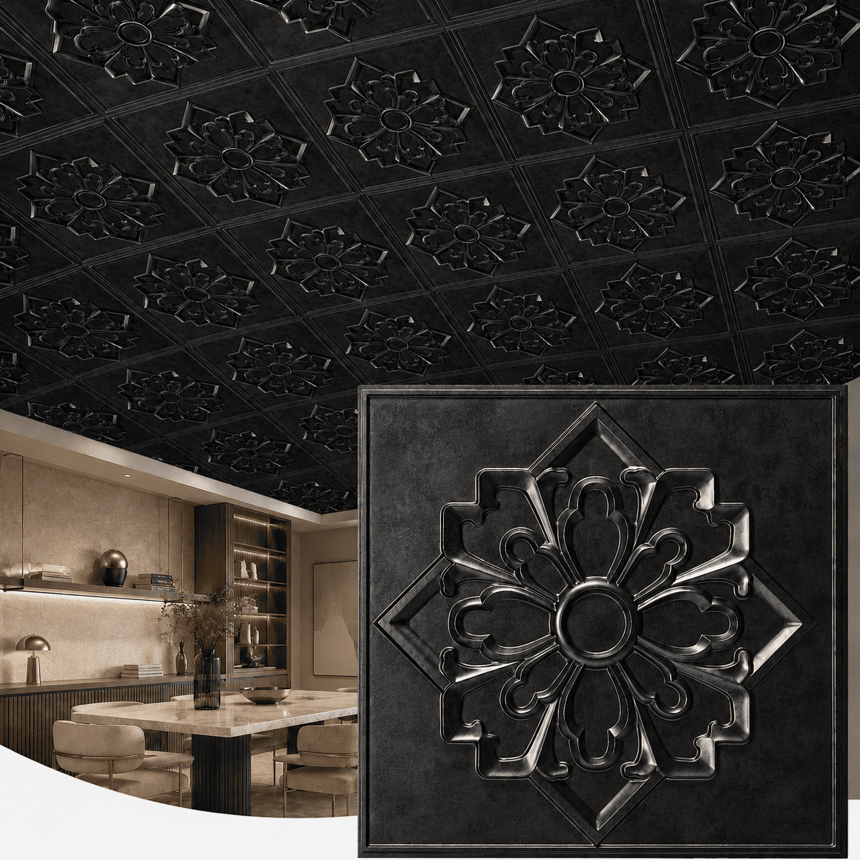 Yeslife 12-Pack 23.8" x 23.8" PVC Drop Ceiling Tiles, Black Vintage 3D Embossed Decorative Panels, Waterproof Glue-Up Ceiling Tiles for Walls, Ceilings, Home and Office, 48 Sq.Ft