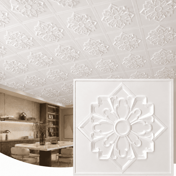 Yeslife 12-Pack 23.8" x 23.8" PVC Drop Ceiling Tiles, White Vintage 3D Embossed Decorative Panels, Waterproof Glue-Up Ceiling Tiles for Walls, Ceilings, Home and Office, 48 Sq.Ft