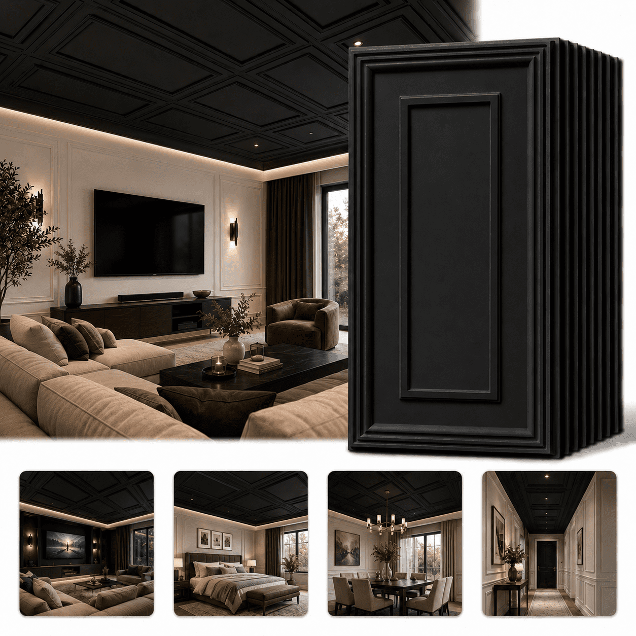 Yeslife 12pcs 24x48 in PVC Drop Ceiling Tiles, Black Matte 3D Embossed, Waterproof for Grid System Glue-Up, Basement Garage Office, 96 sq ft