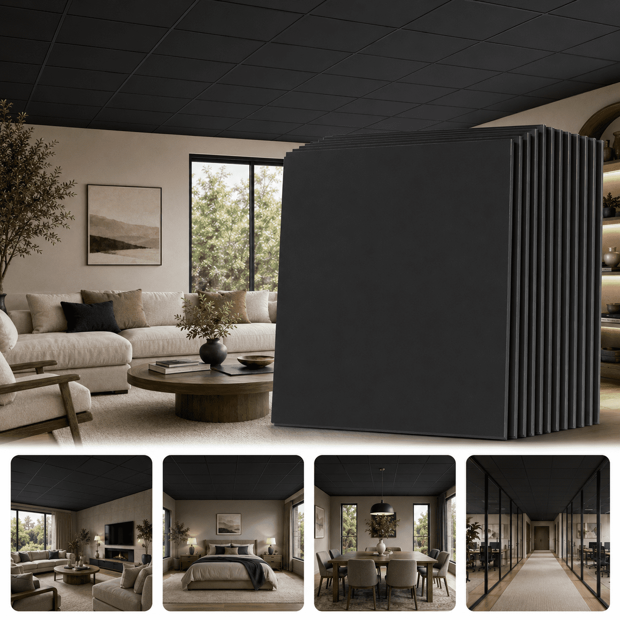 Yeslife 12-Pack 2ft x 2ft PVC Drop Ceiling Tiles, Black, Waterproof Reusable Planks for Home Office, 48 sq ft Cover
