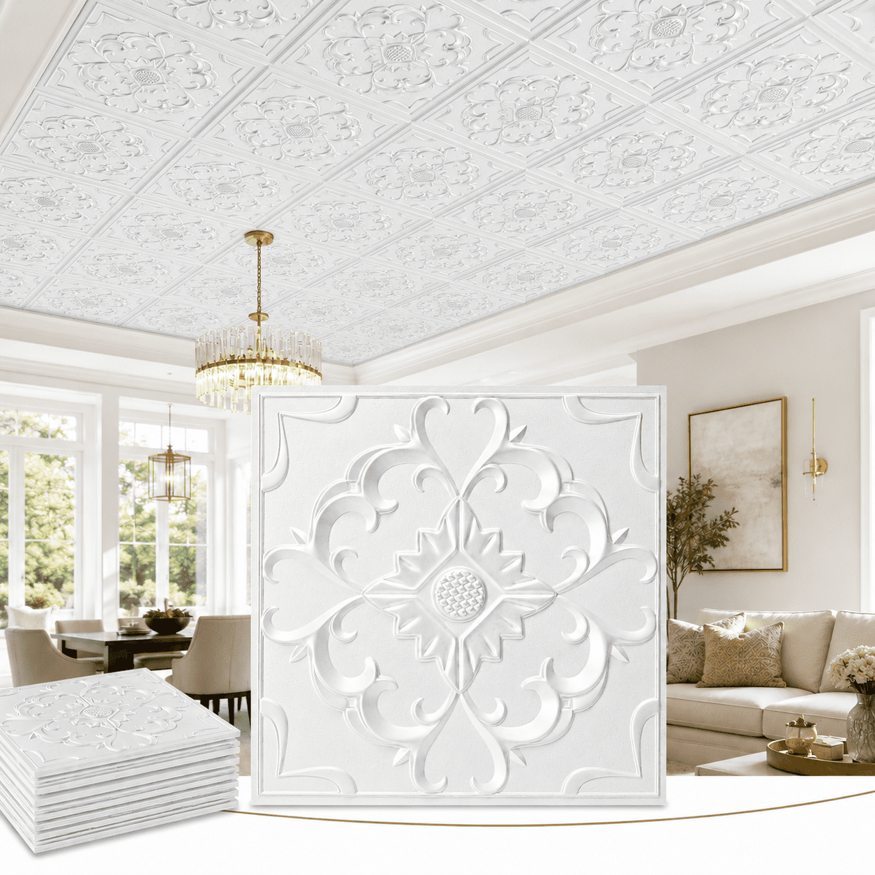YESLIFE 12-Pack 2' x 2' White PVC Ceiling Tiles, 3D Embossed Waterproof Drop Ceiling Panels, Glue-Up Wall & Ceiling Tiles, 48 Sq. Ft.