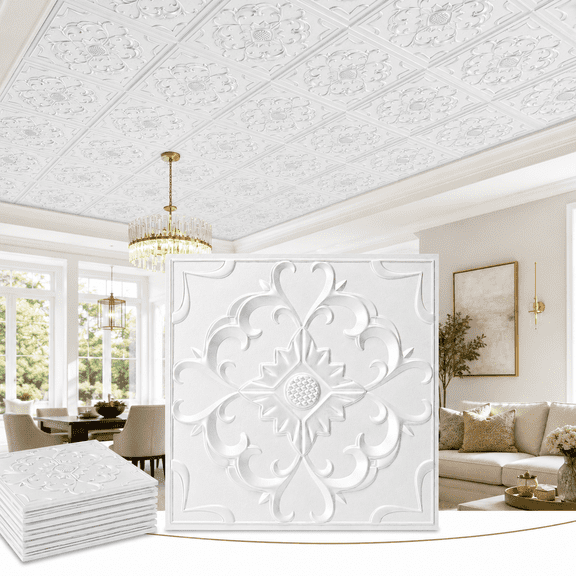 YESLIFE 12-Pack 2' x 2' White PVC Ceiling Tiles, 3D Embossed Waterproof Drop Ceiling Panels, Glue-Up Wall & Ceiling Tiles, 48 Sq. Ft.