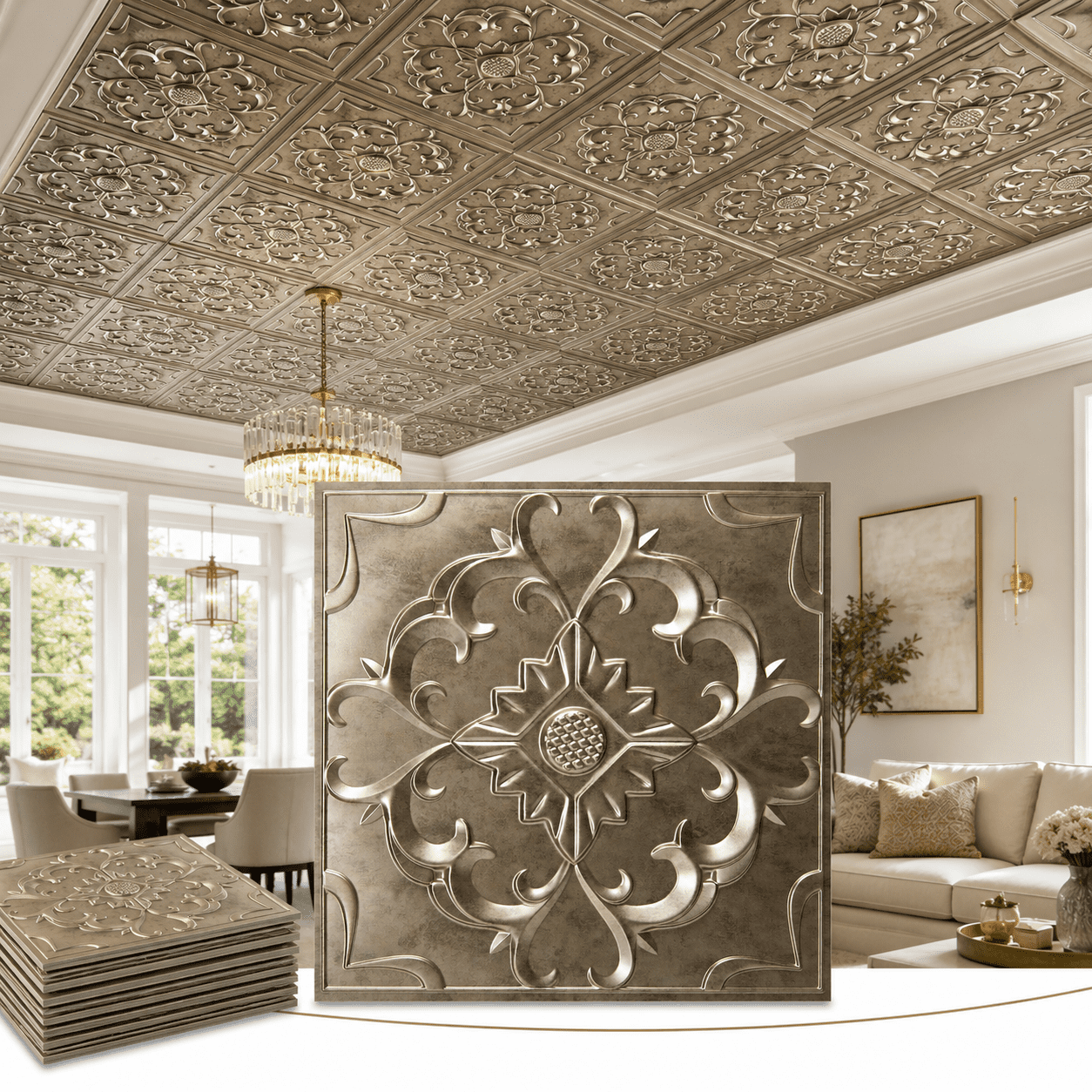 Yeslife 12-Pack 2 ft x 2 ft PVC Drop Ceiling Tiles, Vintage 3D Embossed Decorative Panels, Waterproof, Glue-up, Antique Gold, 48 sq ft