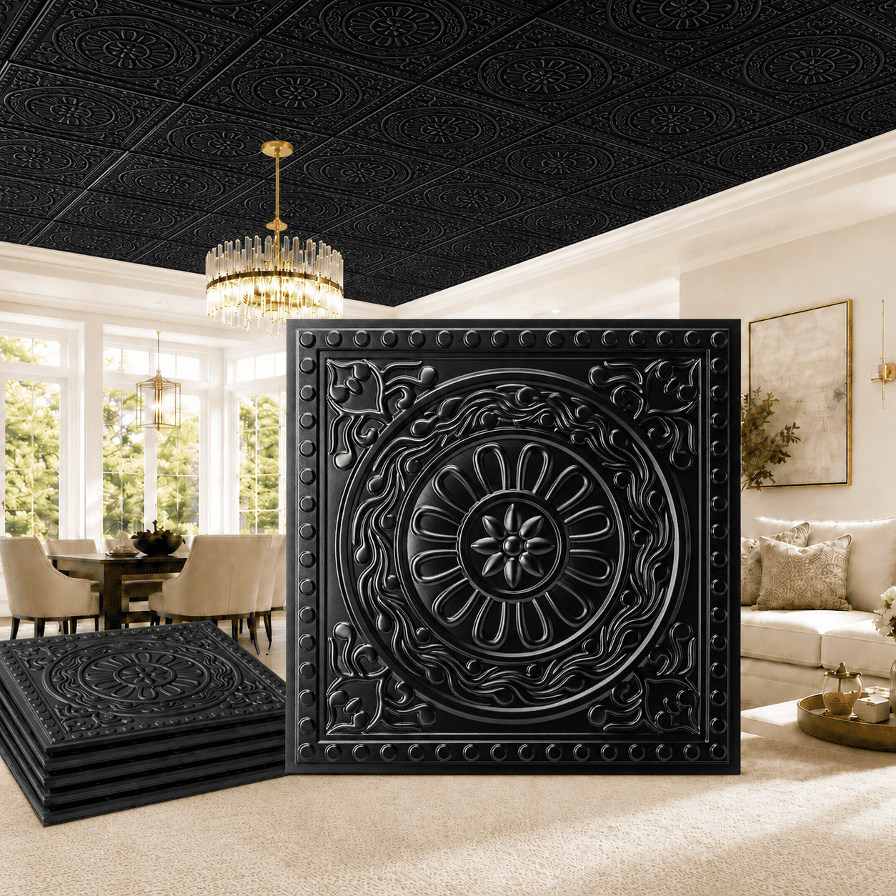 Yeslife 12-Pack Barque Decorative Drop Ceiling Tiles, 2 ft x 2 ft Black PVC Ceiling Panels, Waterproof, Easy to Install, Covers 48 sq ft