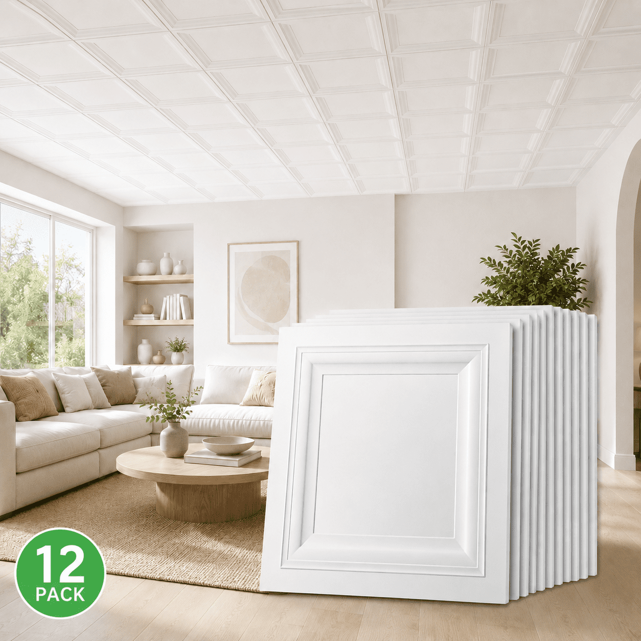 Yeslife 12-Pack White PVC Drop Ceiling Tiles 2x2 ft, Waterproof Washable Reusable Ceiling Panels for Basement, Home & Office, Covers 48 sq ft