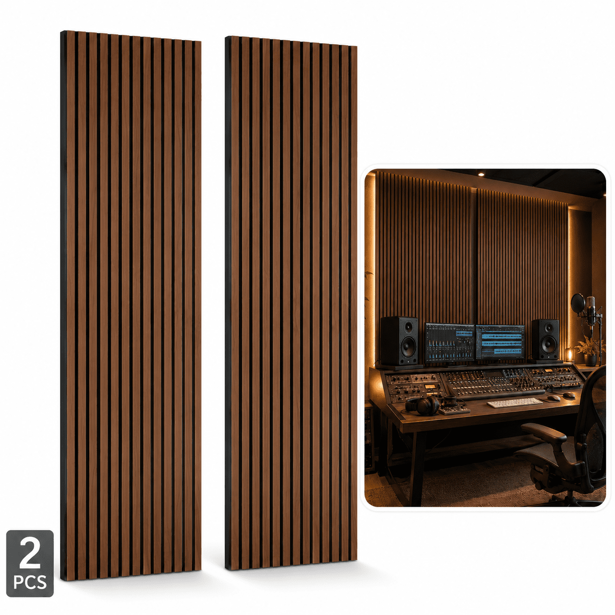 Yeslife 2 pcs Wood Slat Acoustic Wall Panels, 95.7 in x 24 in, Walnut MDF, 3D Decorative Sound-Absorbing Panels for Interior Walls, 31.65 sq ft